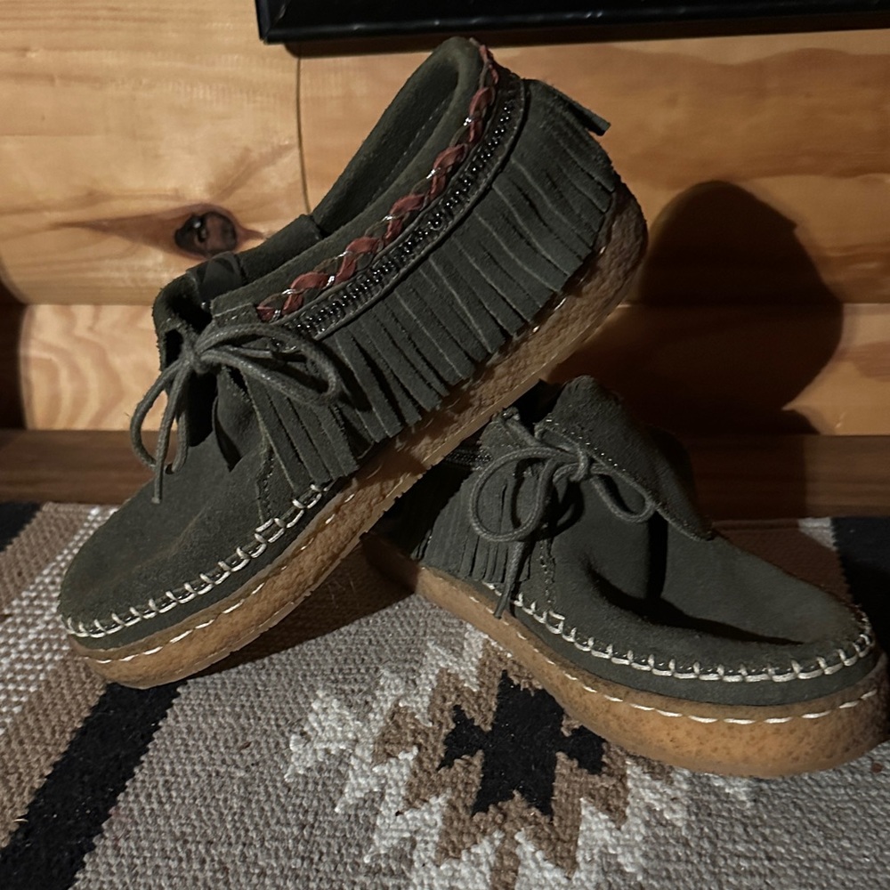 Women's Olive Suede Loafers with Fringe Detail